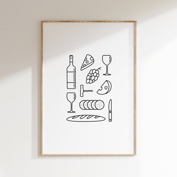Cheese and wine print | Kitchen print | Wall art | Wine gift | Cheese and wine | Art | Gallery wall | Line art