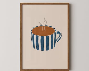 May include: A framed art print featuring a stylized illustration of a coffee cup. The cup is brown with a blue and white striped design. Steam rises from the coffee, and the background is a light beige color. The frame is a warm brown.