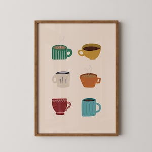 May include: A framed print featuring six colorful coffee mugs. The mugs are in various colors, including green, yellow, orange, red, and blue, each with a unique design. Steam rises from some of the mugs, suggesting a warm beverage. The artwork has a minimalist, illustrative style.
