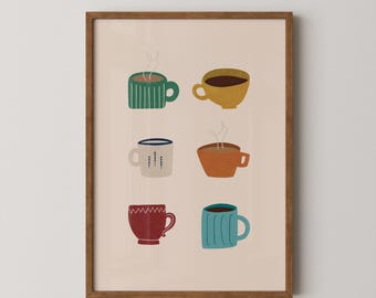 May include: A framed print featuring six colorful coffee mugs. The mugs are in various colors, including green, yellow, orange, red, and blue, each with a unique design. Steam rises from some of the mugs, suggesting a warm beverage. The artwork has a minimalist, illustrative style.