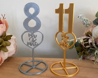 Wedding Table Numbers, Mr & Mrs, Heart-Shaped, 3D Printed Gold and Silver Table Numbers, Wedding Decorations, Wedding Reception Numbers