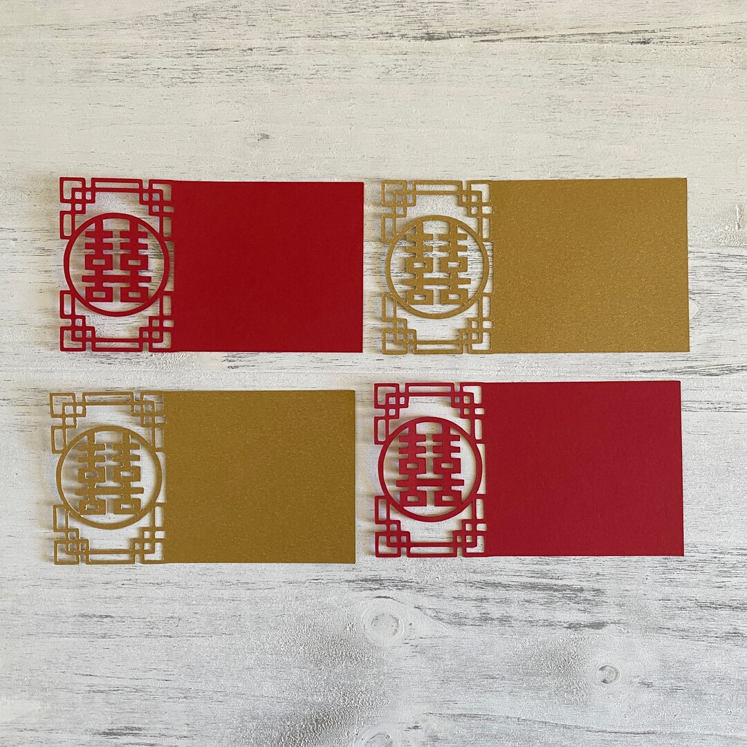 Double Happiness Place Cards for Chinese Weddings, Red Gold Cardstock, Place Name Cards, Escort