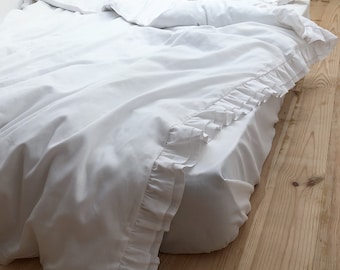 White Duvet Cover with Ruffles, Natural 100% Cotton Sateen, Cottagecore bedding, Gift for Her