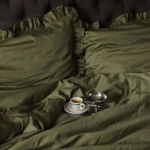Moss Green Ruffle Bedding Set: 100% Cotton Sateen Duvet Cover and Pillowcases