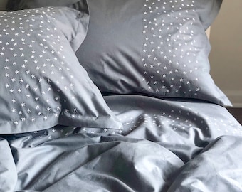 Dark Gray Duvet Cover with White Stars Embroidery, Natural 100% Cotton Sateen, Custom sizes