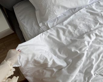 White Duvet Cover with Branches Embroidery, Natural 100% Cotton Sateen