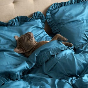 Housse de couette Océan à volants, 100 % satin de coton naturel, tailles King, Queen, Full, Twin, Single, Double et sur mesure | Linge de lit doux fait main
