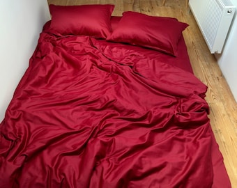 Set di biancheria da letto 4 pezzi, colore: Rosso Vino, raso naturale 100% cotone, 1 copripiumino, 1 lenzuolo, 2 federe