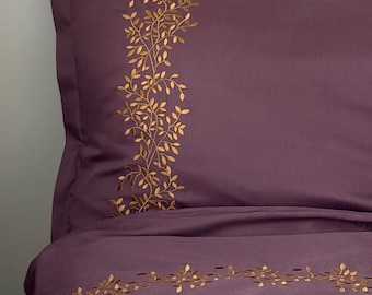 Embroidered  Pillowcase Plum | Branches Design | Envelope Closure | 100% Cotton Sateen