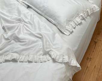 Milk White Ruffle Bedding Set: 100% Cotton Sateen - Duvet cover, Flat sheet, Pillowcases