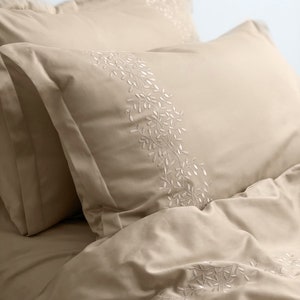 Latte Bedding Set with Branches Embroidery 4 pcs, Natural Sateen 100% cotton, 1 Duvet cover, 1 Flat sheet, 2 Pillowcases. EU US custom sizes