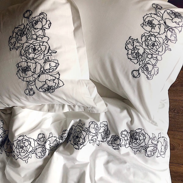 White Bedding set with Gray Peony Embroidery 4 pcs, Natural Sateen 100% Cotton, 1 Duvet cover, 1 Flat sheet, 2 Pillowcases EU US custom size