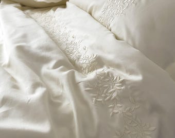 Ivory Branches Embroidered Cotton Sateen Duvet Cover - OEKO-TEX Certified