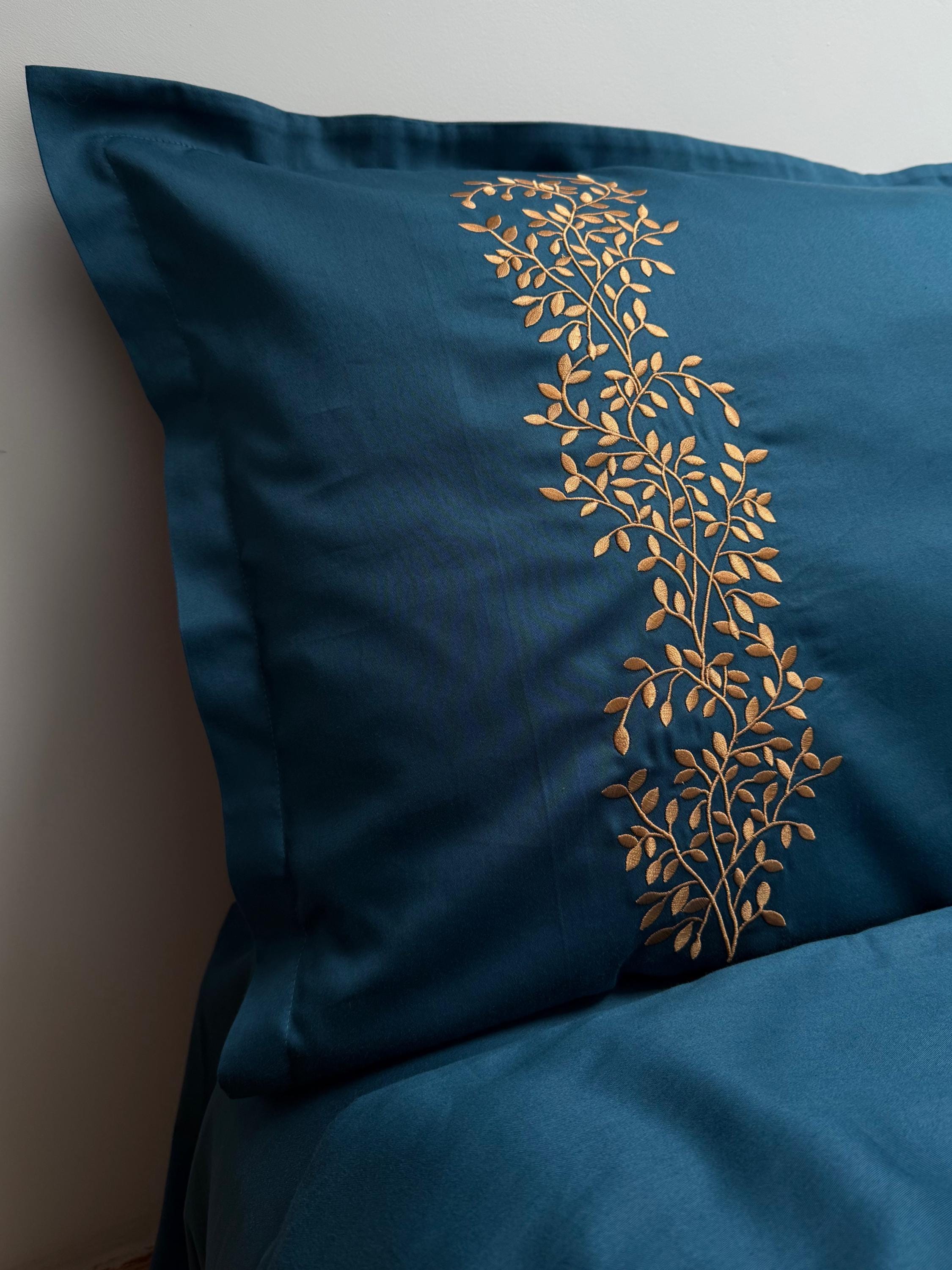 Embroidered Pillowcase Ocean Branches Design Envelope Closure 100% Cotton Sateen