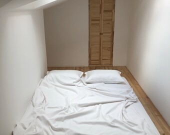 Lençol de cima branco, 100% algodão natural, cetim, lençóis macios, feito à mão