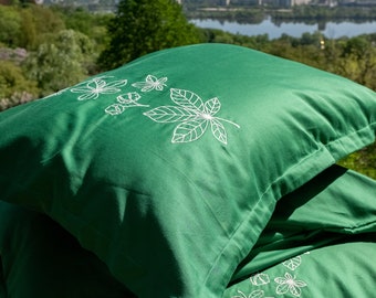 Green Bedding Set with Chestnuts Embroidery 4 pcs, Natural Sateen 100% cotton 1 Duvet cover 1 Flat sheet 2 Pillowcases EU US custom sizes