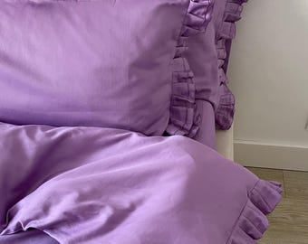 Funda de almohada con volantes color lila 100% algodón satén suave regalo para mujer funda de almohada con cierre de sobre tamaños Queen King Euro, Estándar, Personalizado