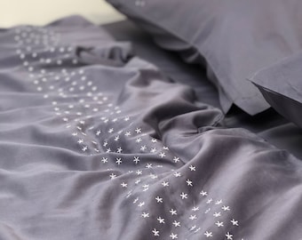 Dark Gray Duvet Cover with White Stars Embroidery, Natural 100% Cotton Sateen, King, Queen, Full, Twin, Single, Double and Custom sizes