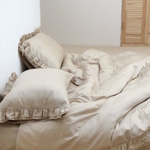 Ruffled Bedding set 4 pcs Latte, Natural Sateen 100% Cotton, 1 Duvet cover, 1 Fitted sheet, 2 Pillowcases