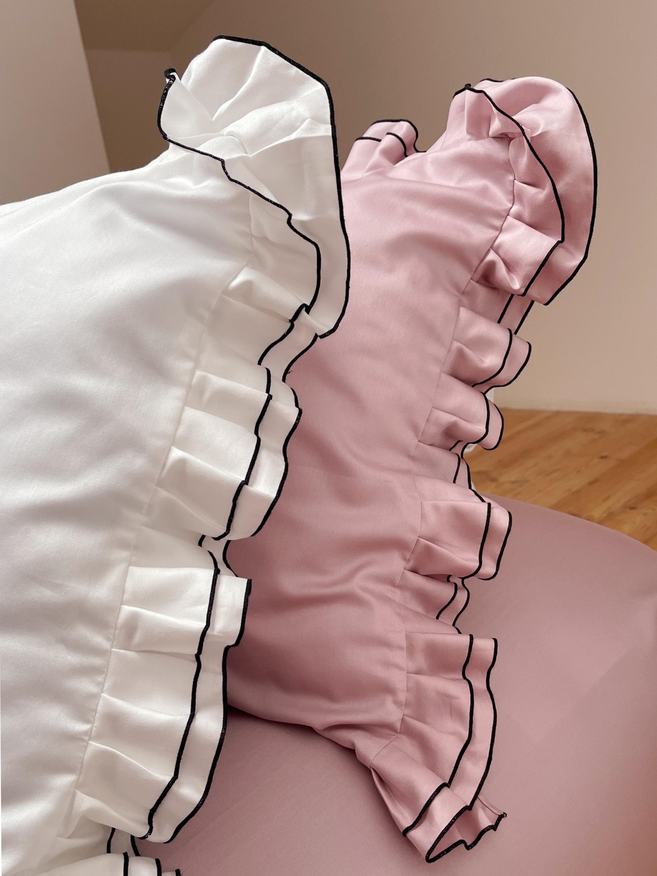 Pillowcase with Ruffles 100% Cotton Sateen Gift for Women Envelope closure cover Queen King Euro, Standard, Custom sizes Vintage style