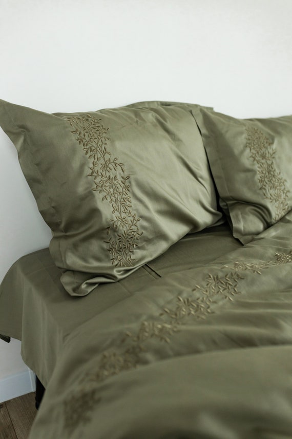 Moss Duvet Cover with Branches Embroidery, Natural 100% Cotton Sateen, Custom sizes