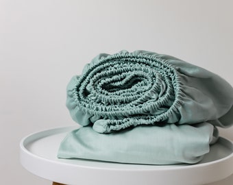 Hoeslaken mintgroen, natuurlijk 100% katoen, satijn, queensize, volledig, dubbel, enkel, dubbel en aangepaste maten. Handgemaakte gladde linnen lakens