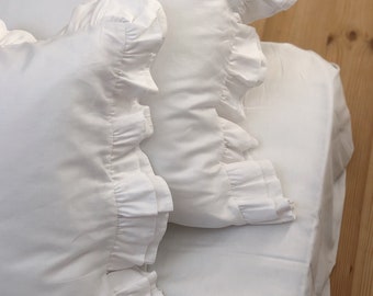 Pillowcase with Ruffles White 100% Cotton Smooth Sateen Gift for Women Envelope closure pillow cover Queen King Euro, Standard, Custom sizes