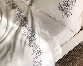 Duvet Cover with Peony Embroidery, Natural 100% Cotton Sateen | Farmhouse bedding