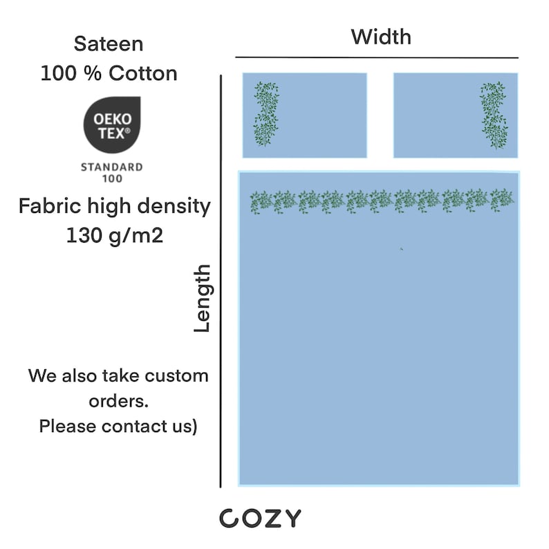 May include: A diagram showing the dimensions of a fabric. The fabric is described as sateen, 100% cotton, with a high density of 130 g/m2. The fabric is certified by Oeko-Tex Standard 100. The diagram shows the length and width of the fabric. The fabric is labeled "COZY".