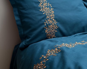 Ocean Copper Branches Embroidered Duvet Cover: 100% Cotton Sateen