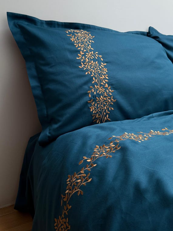 Ocean Kupfer Zweige bestickter Bettbezug: 100% Baumwollsatin