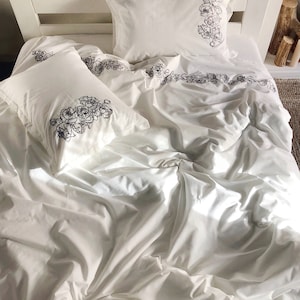 Luxurious White Cotton Bedding Set with Gray Peony Embroidery - 4 Piece Set - Duvet Cover, Flat Sheet, Pillowcases | Farmhouse gift for Her