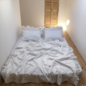 Ruffle Duvet Cover set 3 pcs White, Natural Sateen 100% Cotton, 1 Duvet cover, and 2 Pillowcases | Handmade cottage core bedding set