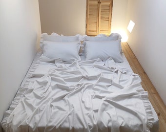 Ruffle Duvet Cover set 3 pcs White, Natural Sateen 100% Cotton, 1 Duvet cover, and 2 Pillowcases | Handmade cottage core bedding set