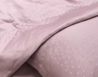 Duvet cover with Stars Embroidery Pink, Natural 100% Cotton Sateen, Custom sizes of bedding