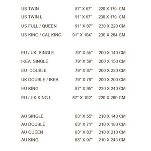 May include: Size guide for duvet covers in inches and centimeters. The chart lists different sizes, including US Twin, US Twin L, US Full/Queen, US King/Cal King, EU/UK Single, IKEA Single, EU Double, UK Double/IKEA, EU King, EU/UK King L, AU Single, AU Double, AU Queen, and AU King.