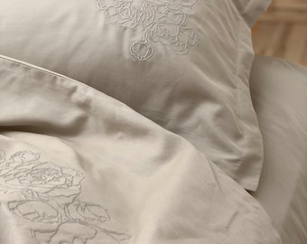 Duvet Cover with Peony Embroidery Latte, Natural 100% Cotton Sateen, Custom sizes of bedding