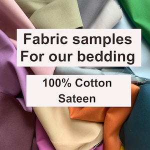 May include: Fabric samples for bedding in various colors, including purple, green, orange, and beige. The fabric is 100% cotton sateen.