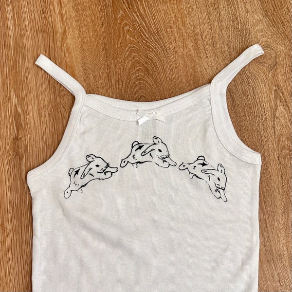 Bunny Jump Baby Tank Top, Screen Printed, Handmade, Coquette Top, Bunny Top, Ribbon Bow, Top with Ribbon, Bunny Screen Print,