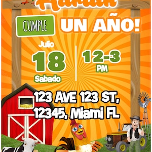 May include: A colorful invitation for a first birthday party with a farm theme. The invitation features a rooster, a cow, a tractor, and a barn. The text on the invitation reads "Adrian Cumple Un Ano!" and includes the date and time of the party.