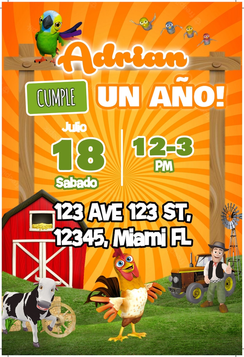 May include: A colorful invitation for a first birthday party with a farm theme. The invitation features a rooster, a cow, a tractor, and a barn. The text on the invitation reads "Adrian Cumple Un Ano!" and includes the date and time of the party.