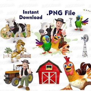 Peut inclure: Illustration numérique avec des animaux et des éléments de ferme. Comprend une vache, un cheval, un coq, un perroquet, un tracteur, une grange et des moulins à vent. Le texte "Instant Download .PNG File" est affiché en haut.