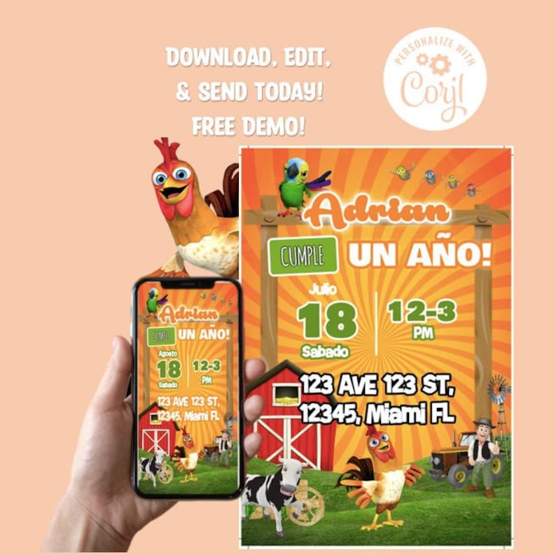 May include: A colorful invitation for a first birthday party with a farm theme. The invitation features a rooster, a cow, a tractor, and a barn. The text on the invitation reads "Adrian Cumple Un A&ntilde;o!" and includes the date and time of the party. The invitation is designed to be personalized with the child's name and party details.