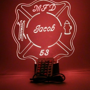 Fire Badge Firefighter Night Light Up Table Desk Lamp LED Personalized Free Engraved Custom, It&#39;s Wow, With Remote 16 Colors, Great Gift