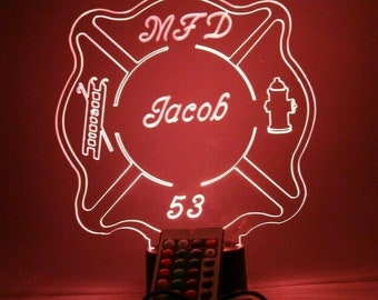 Fire Badge Firefighter Night Light Up Table Desk Lamp LED Personalized Free Engraved Custom, It's Wow, With Remote 16 Colors, Great Gift