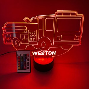 Fire Engine Truck Night Light Up Firefighter Table Desk Lamp LED Personalized Engraved Custom Name, It&#39;s Wow, Remote, 16 Colors, Great Gift!