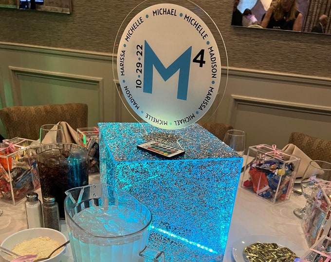 Shimmering Light Up Personalized Custom Party Box Table Decoration Centerpiece Decor Display With Fitting Top, Any Photo Picture Logo & Text