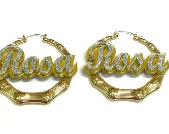 Gold Hoop Bamboo Earrings Name Plate LaserCut Personalized Custom Design Stunning Look 1.5, 2.5, 3.5" Size Choice Attractive Bamboo Earrings