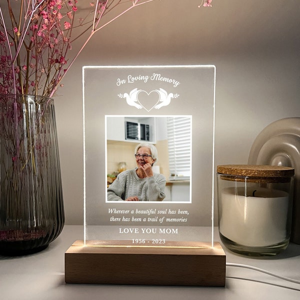 Custom Personalized Photo LED Wood Stand White Doves Night Light Up Lamp In Loving Memory Condolence Remembrance Loss Sympathy Memorial Gift