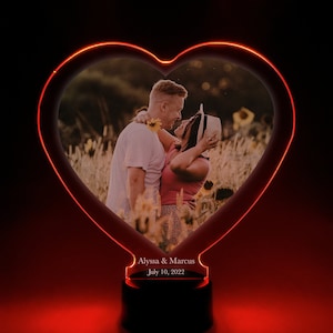 Custom Couple Partner Personalized Heart Light Up Lamp LED Photo Picture Frame Gift Loved One Wedding Anniversary Family, 16 Colors & Remote